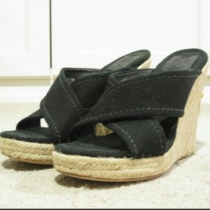 Tory Burch Kristen Black Canvas Wedge 8.5